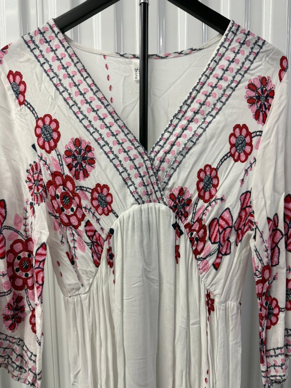Boho Floral Embroidered Maxi Dress Womens L V-Neck Bell Sleeve Cotton 0103 - Picture 4 of 7